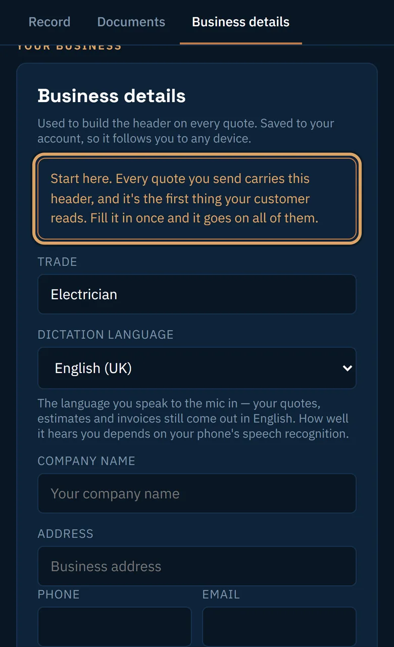 The Business details tab on a new account, with a notice that says to start here