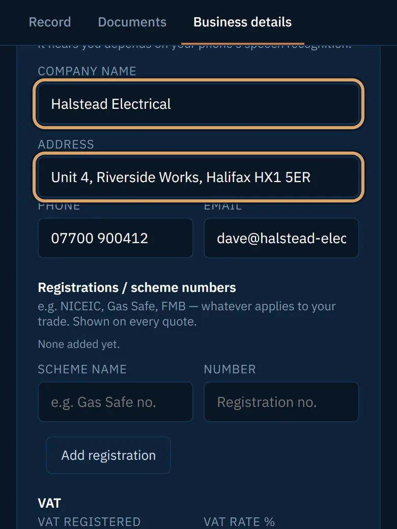 Company name and address typed into Business details