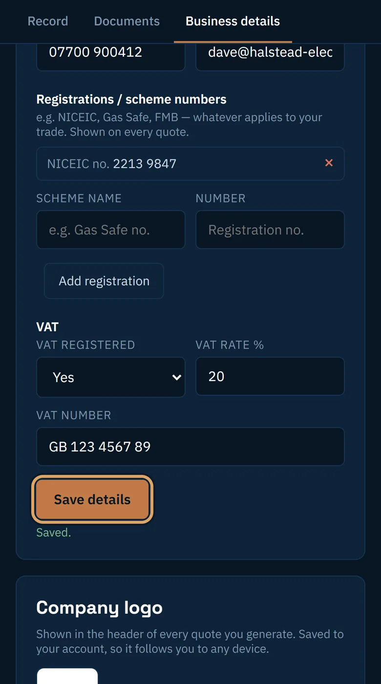 A NICEIC number added, VAT registered set to Yes, and the Save details button