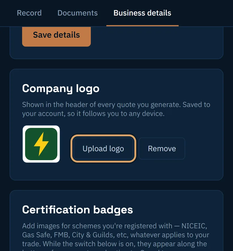 The Company logo card with a logo uploaded and the Upload logo button