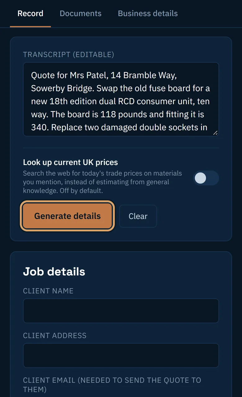 The spoken job written out in the Transcript box, above the Generate details button