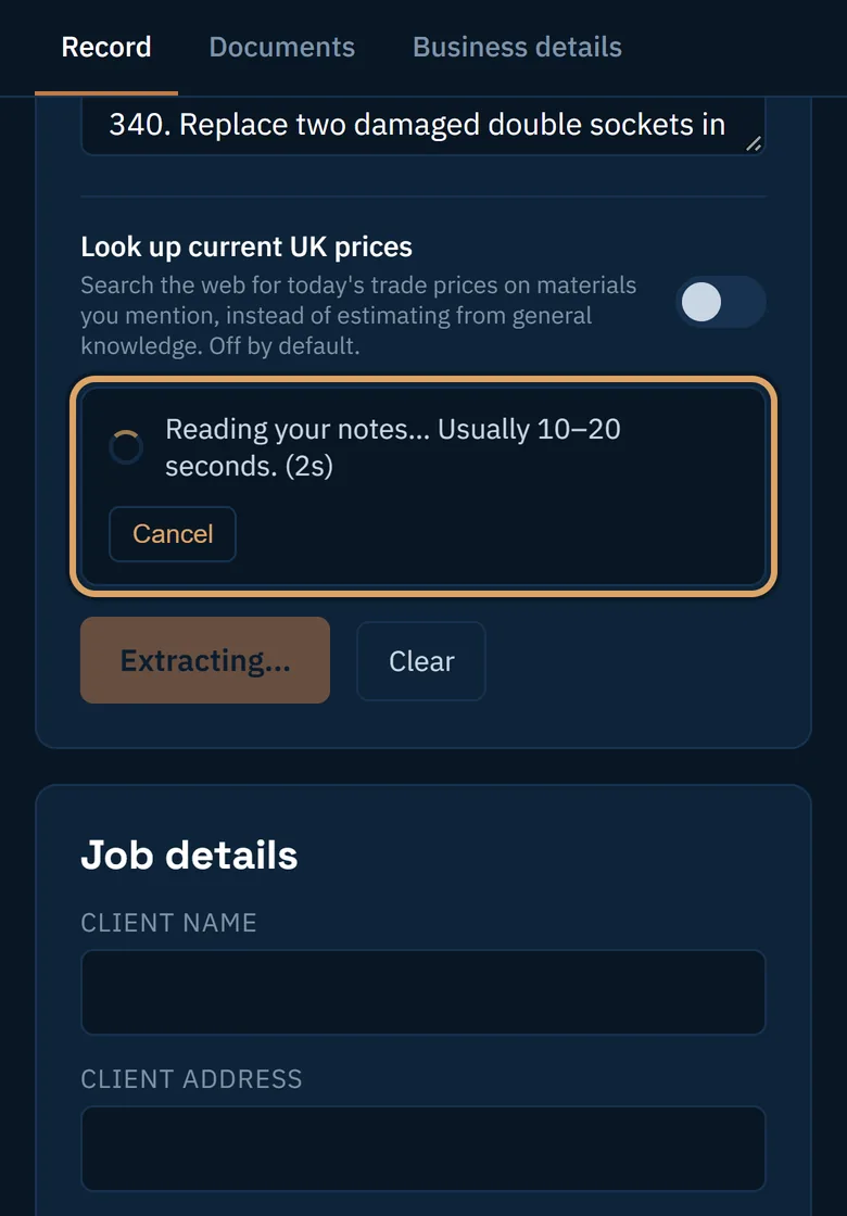 A progress line saying the AI is reading the notes