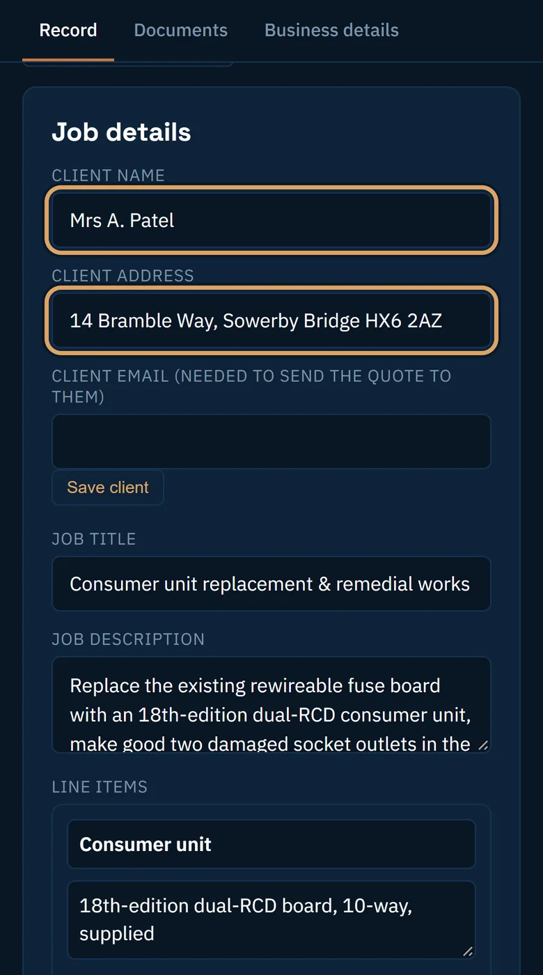 The Job details card filled in with the client name and address