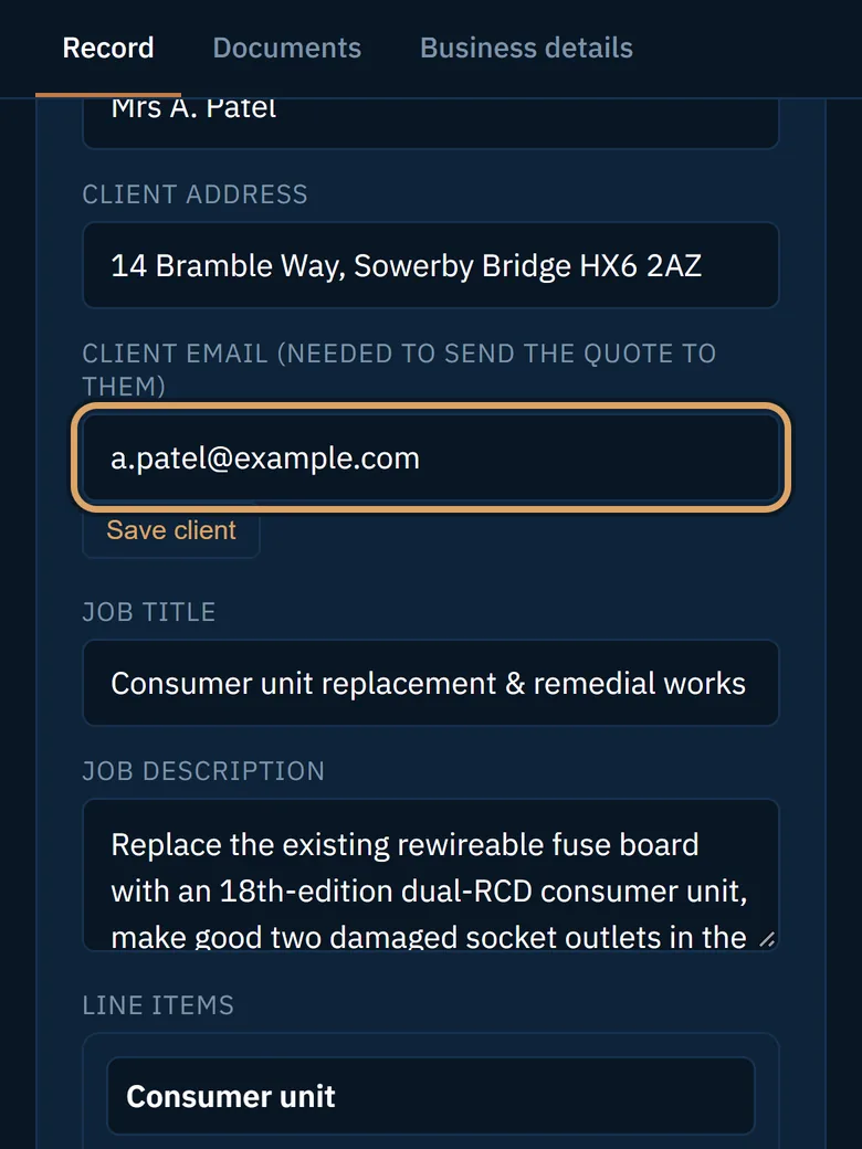 The client email box filled in