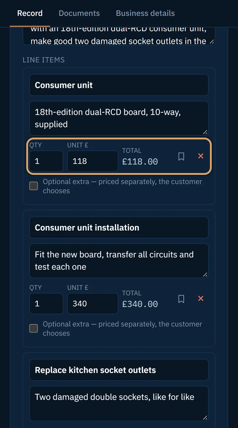 A line item with its quantity, unit price and total