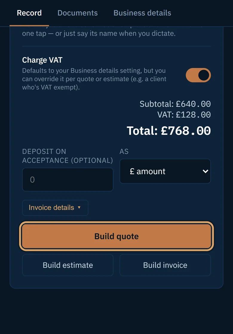 The subtotal, VAT and total, above the Build quote button