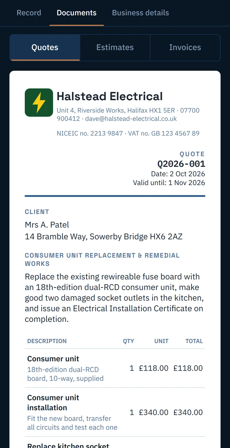 The finished quote with the logo, company details and line items
