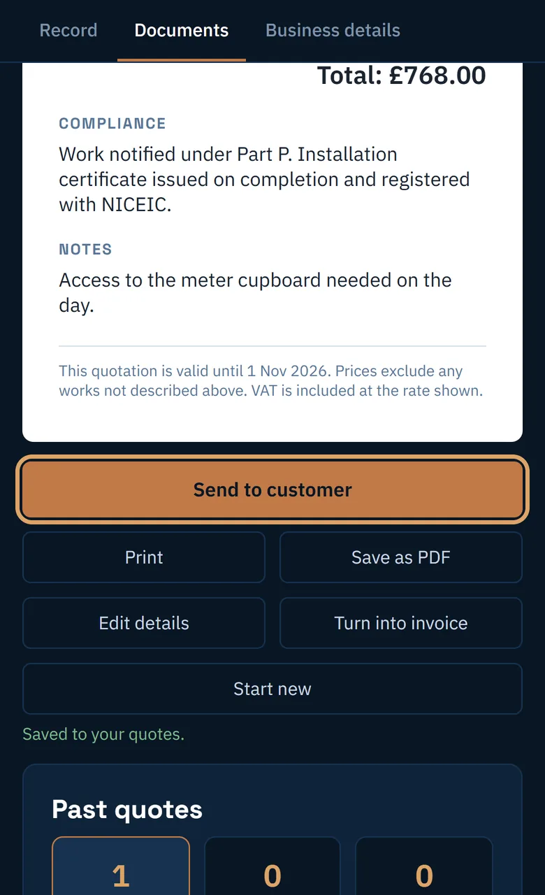 The Send to customer button under the quote