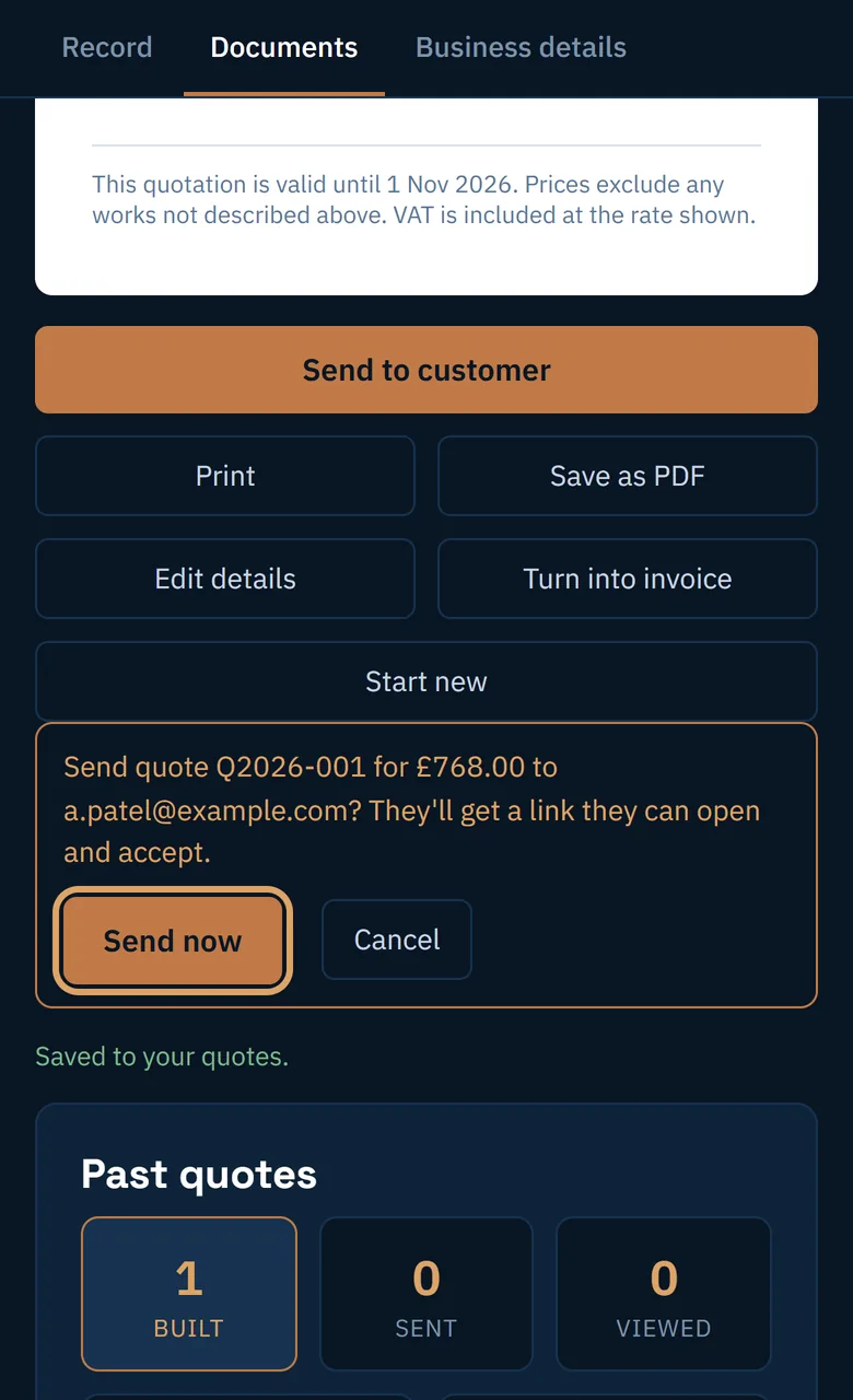 A confirmation naming the quote, the total and the email address, with a Send now button