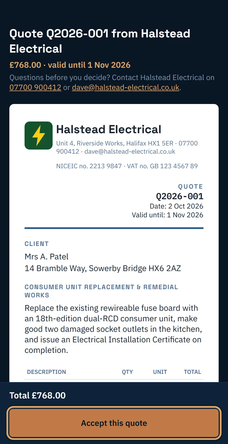 The customer's view of the quote, with an Accept this quote button at the bottom