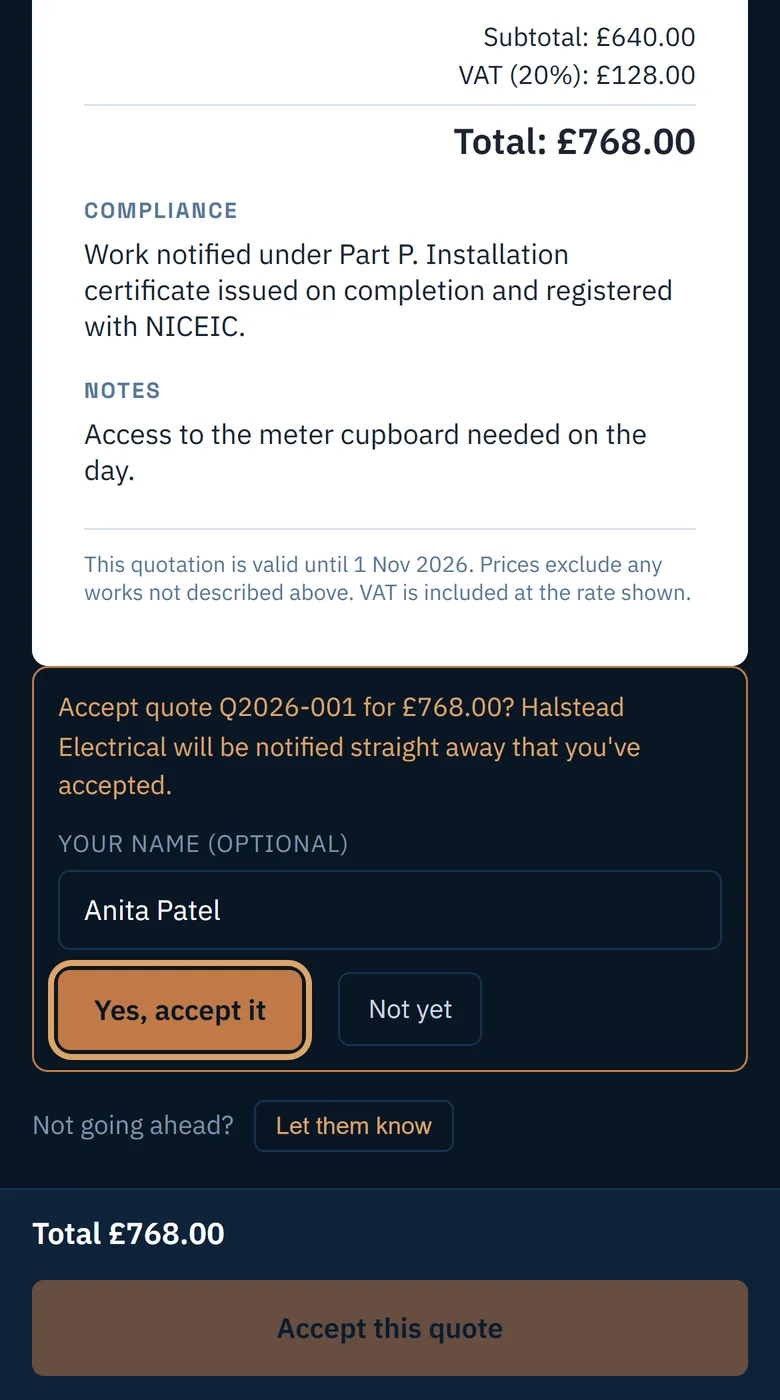 The customer confirming with their name and a Yes, accept it button