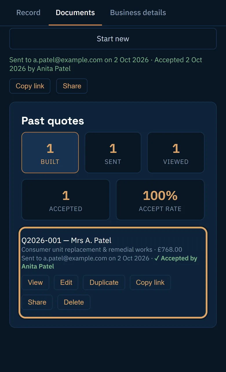 Past quotes, with the quote marked Accepted by the customer