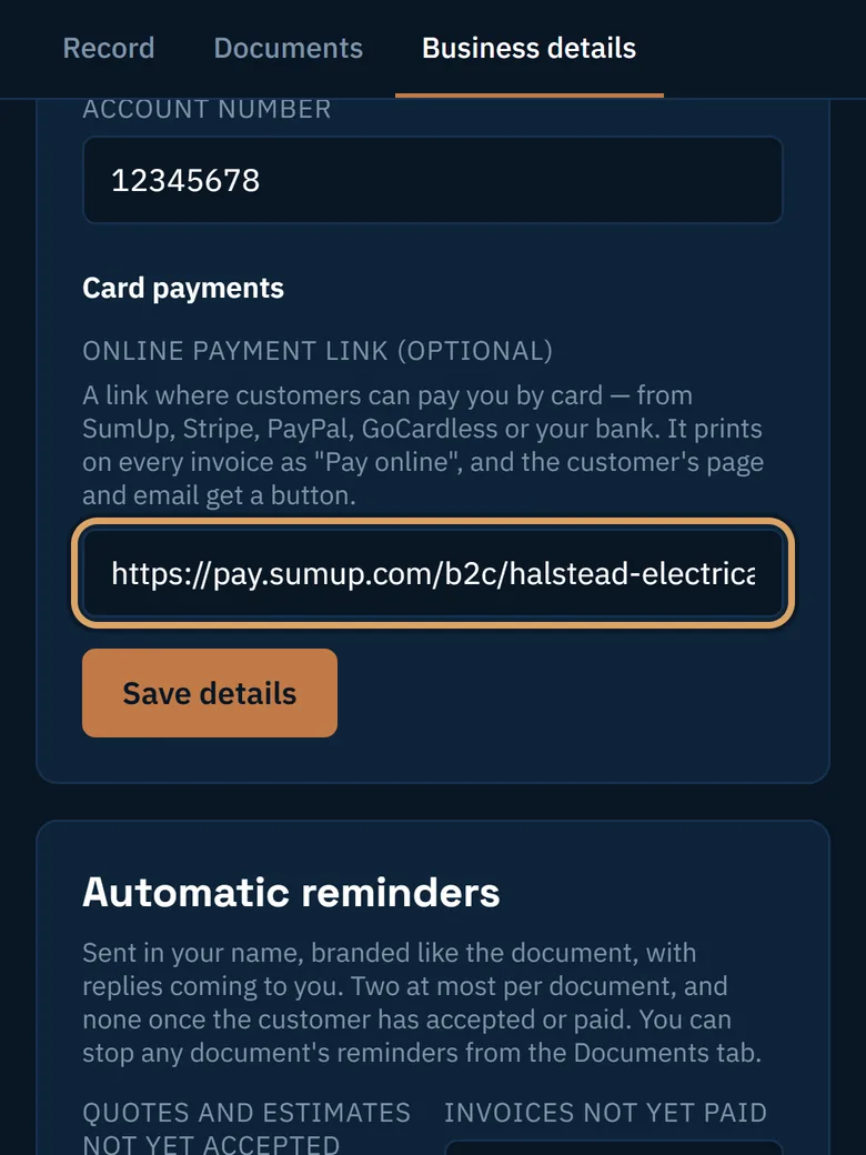 A payment link pasted into the Online payment link box