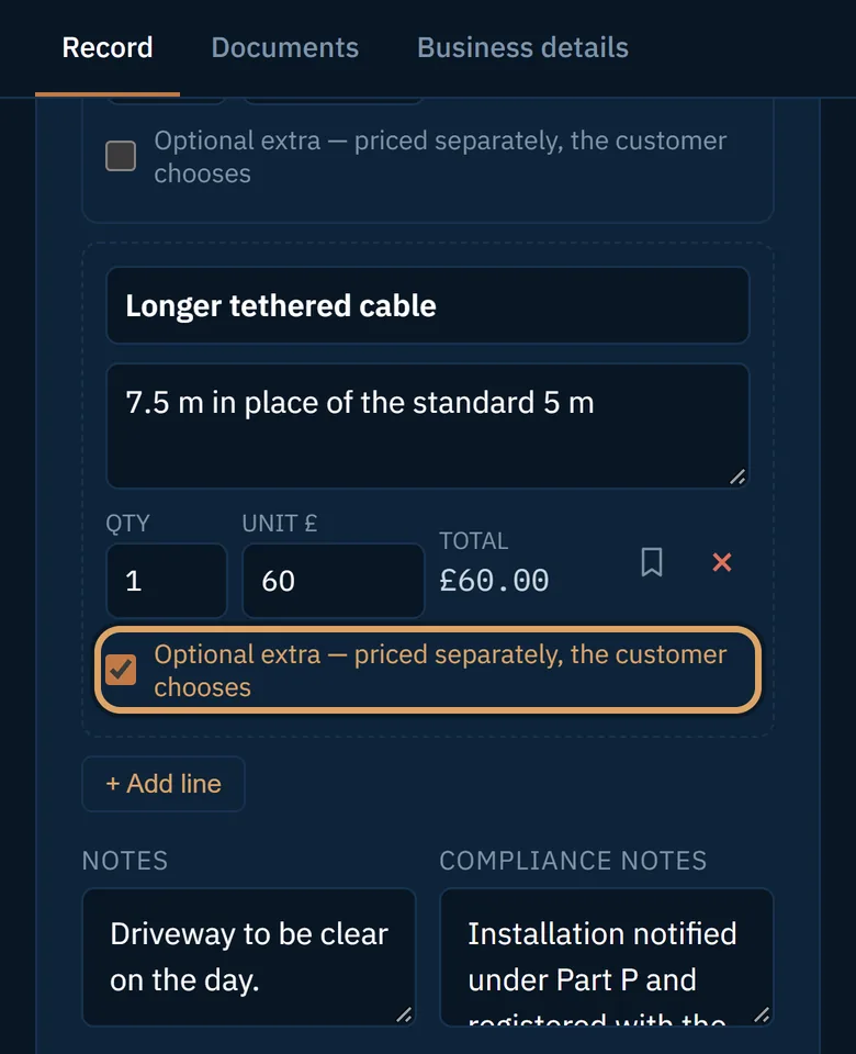 The Optional extra box ticked on a line