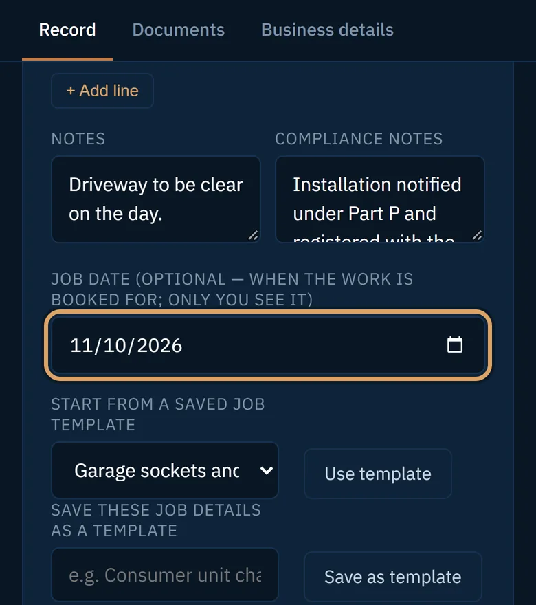The Job date box with a date chosen