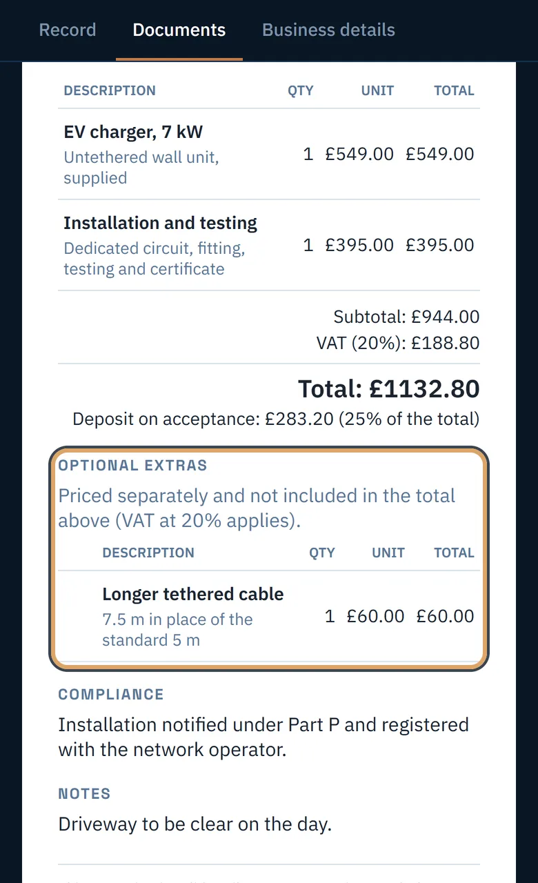 The quote showing the deposit under the total and the optional extra below it