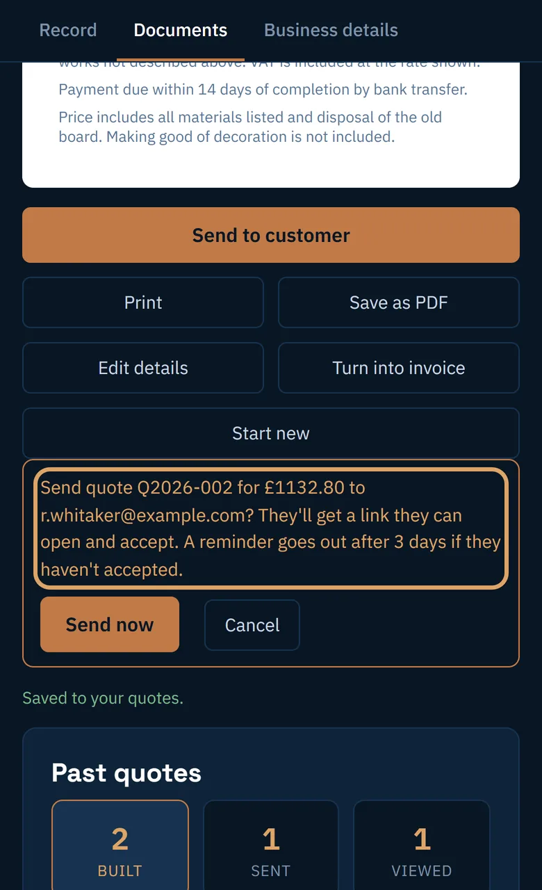 The send confirmation, saying a reminder goes out after three days