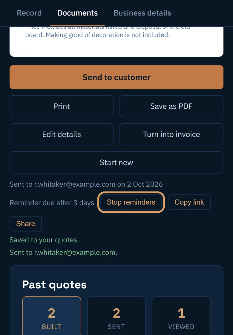 The Stop reminders button under a sent quote