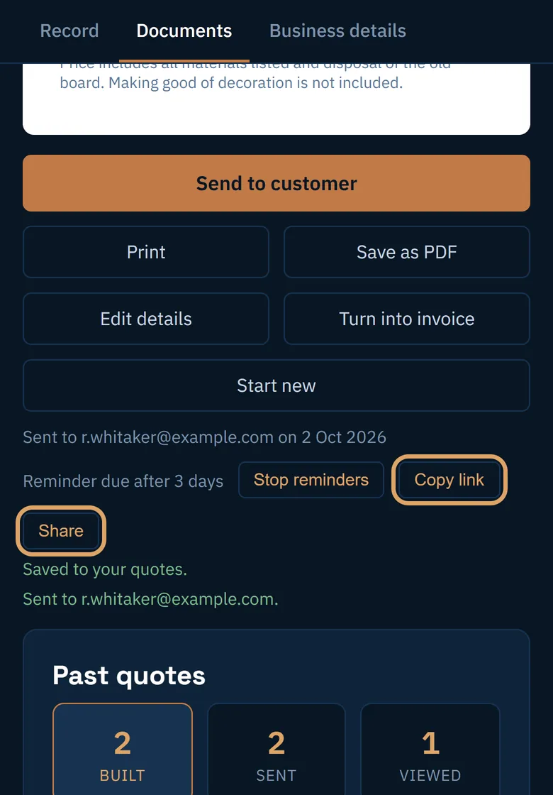 The Copy link and Share buttons under a sent quote