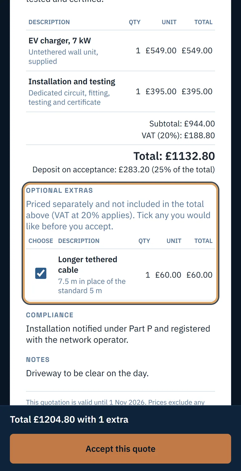 The customer's view with the optional extra ticked and the new total on the accept button