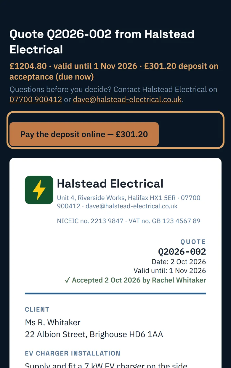 The customer's view after accepting, with a button to pay the deposit online