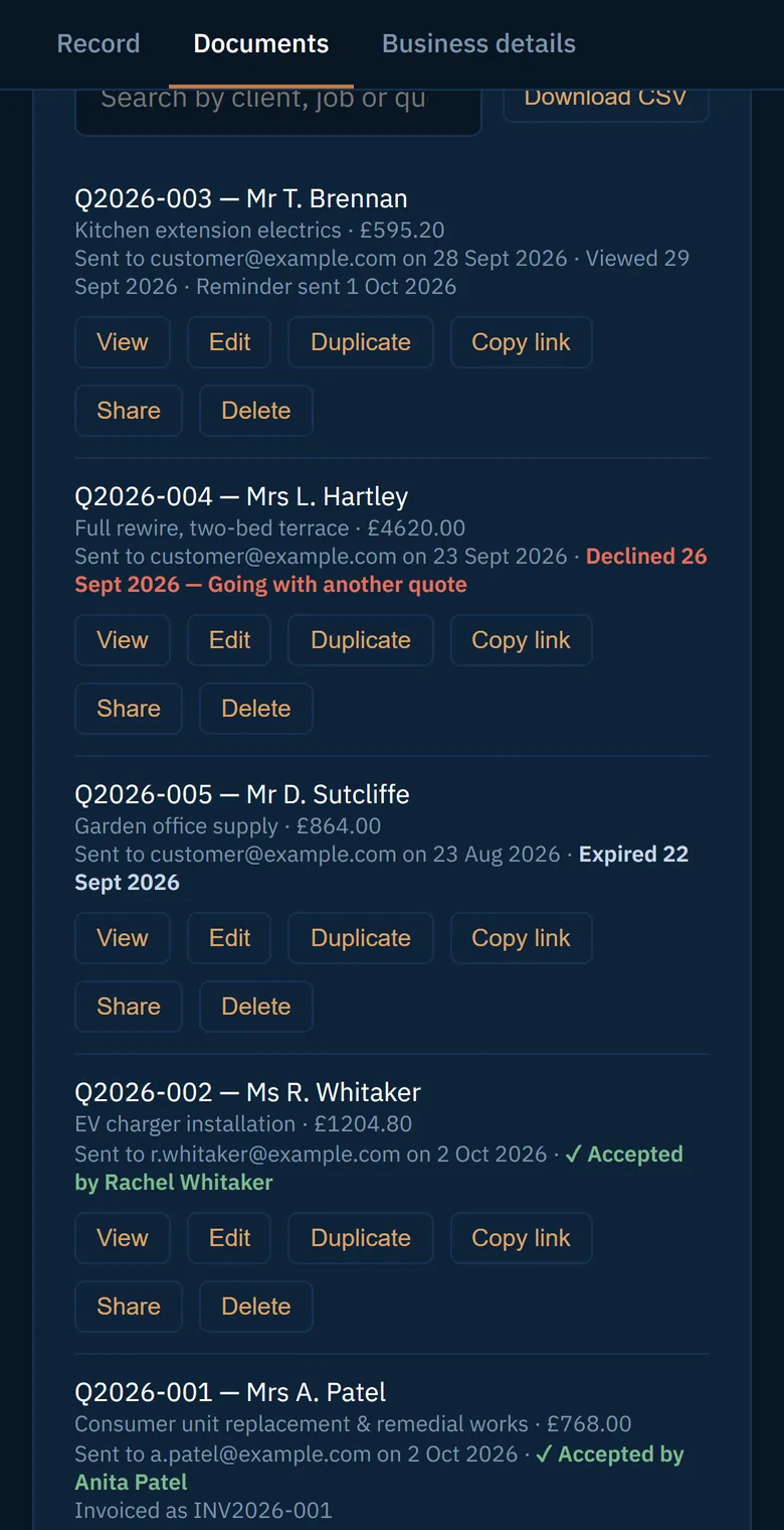 Past quotes, each marked viewed, declined, expired or accepted