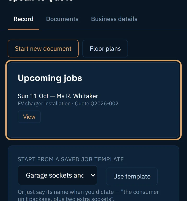 Upcoming jobs on the Record tab, showing a booked job and its date