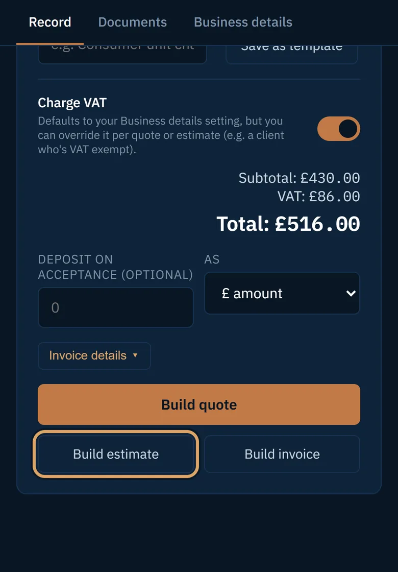 The Build estimate button under Build quote