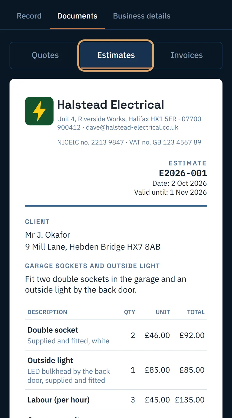 An estimate under Documents, labelled Estimate with its own number