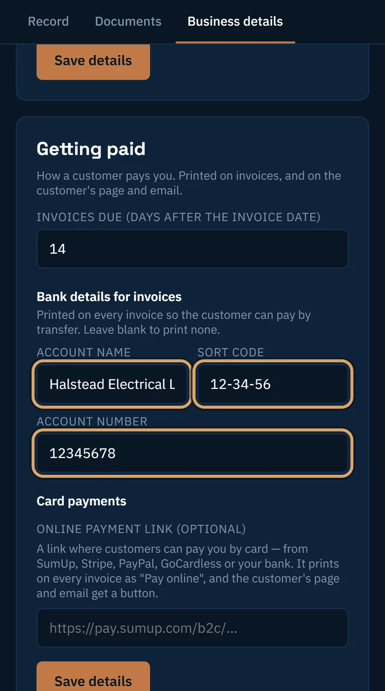 Account name, sort code and account number filled in under Getting paid