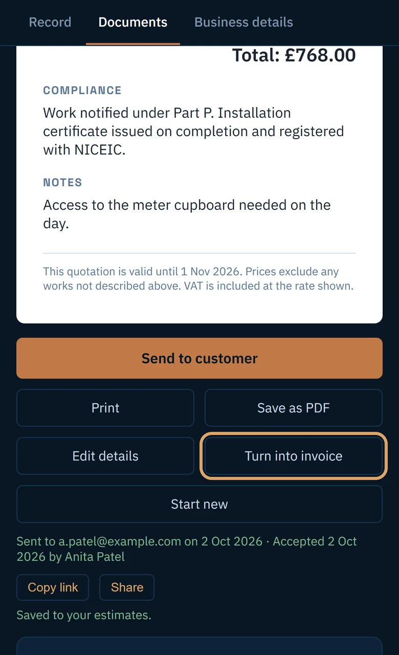 The Turn into invoice button under an accepted quote