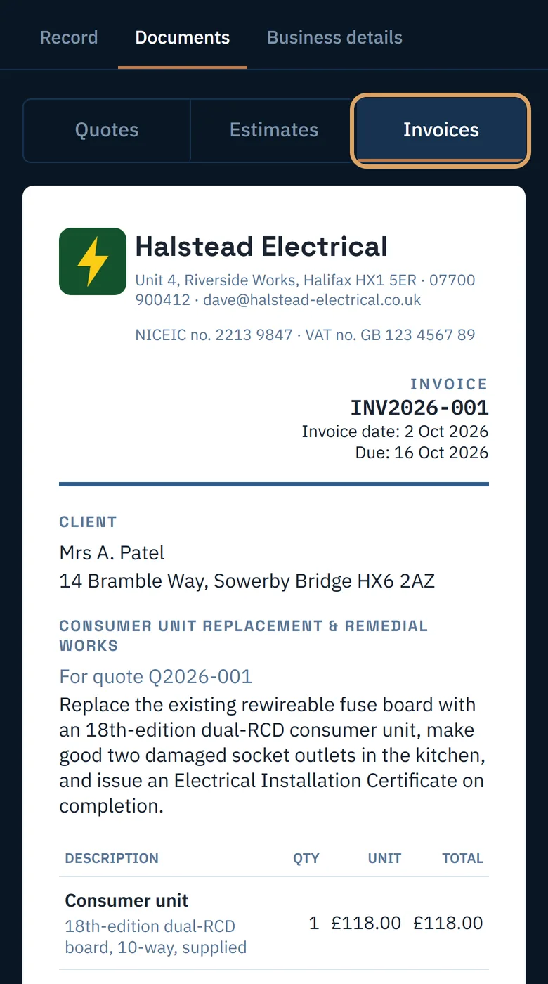 An invoice under Documents with its number and due date