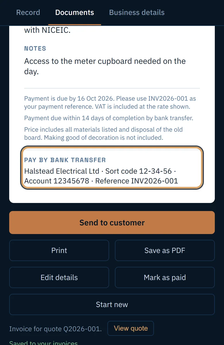 The bottom of the invoice showing the bank details and payment reference