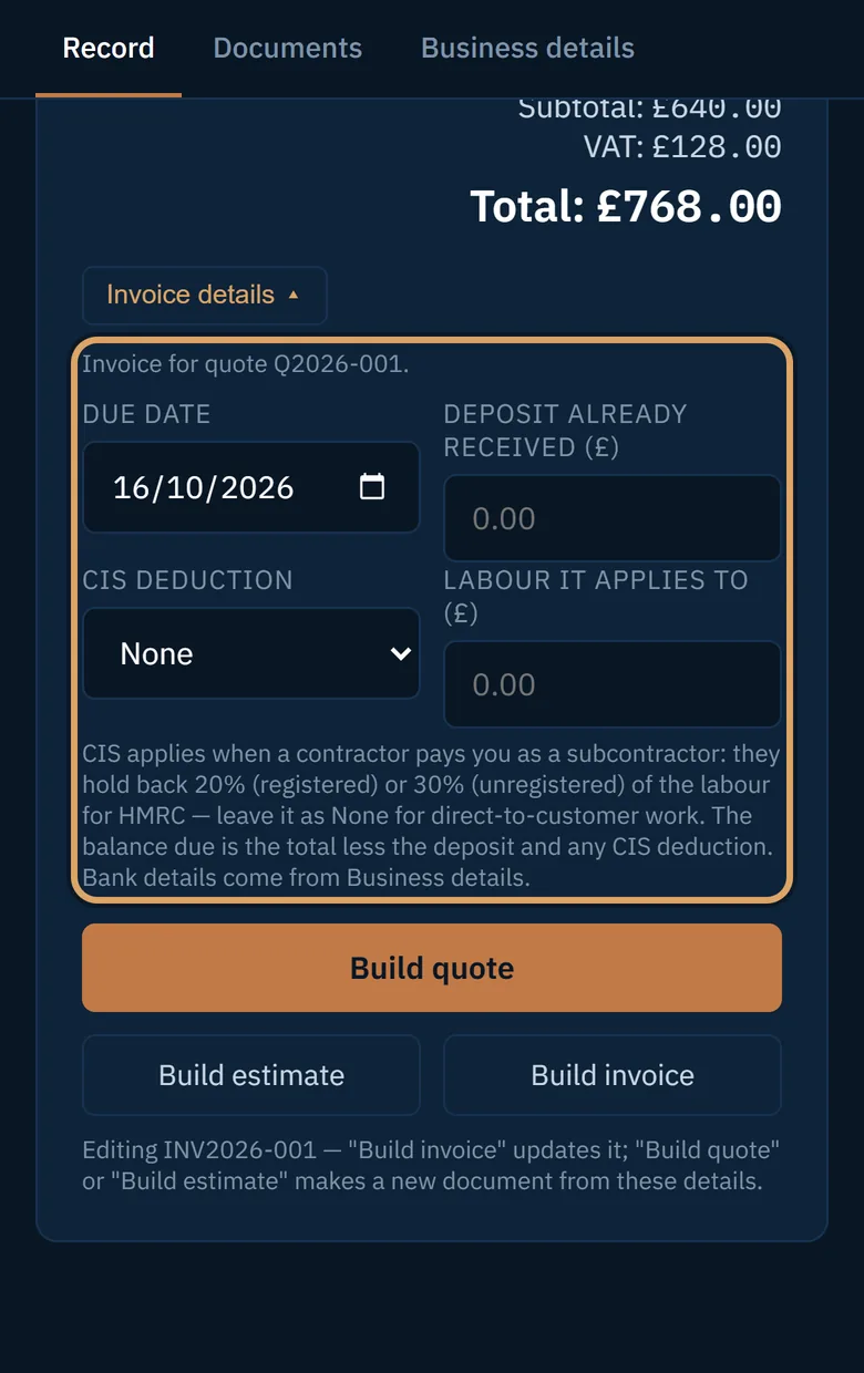 Invoice details: due date, deposit already received and CIS deduction