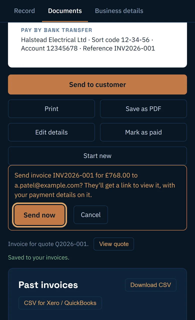 A confirmation to send the invoice, with a Send now button