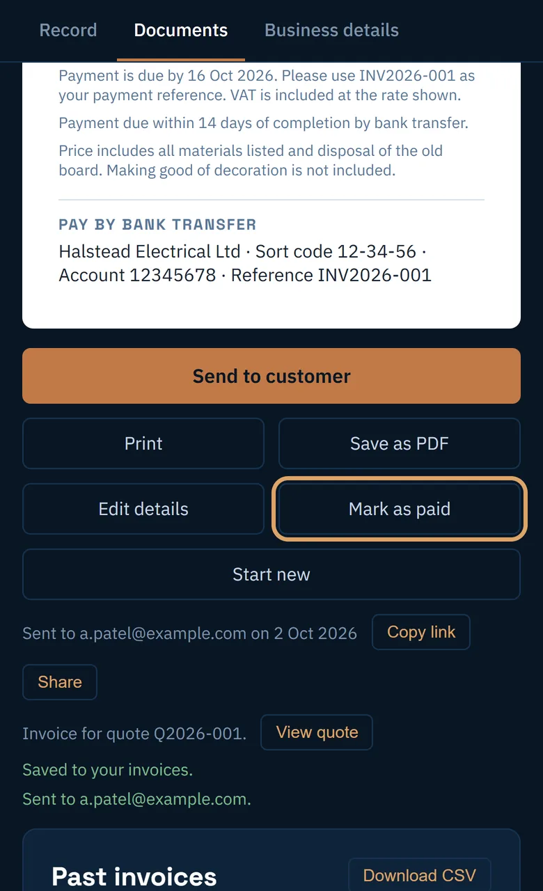 The Mark as paid button under an invoice