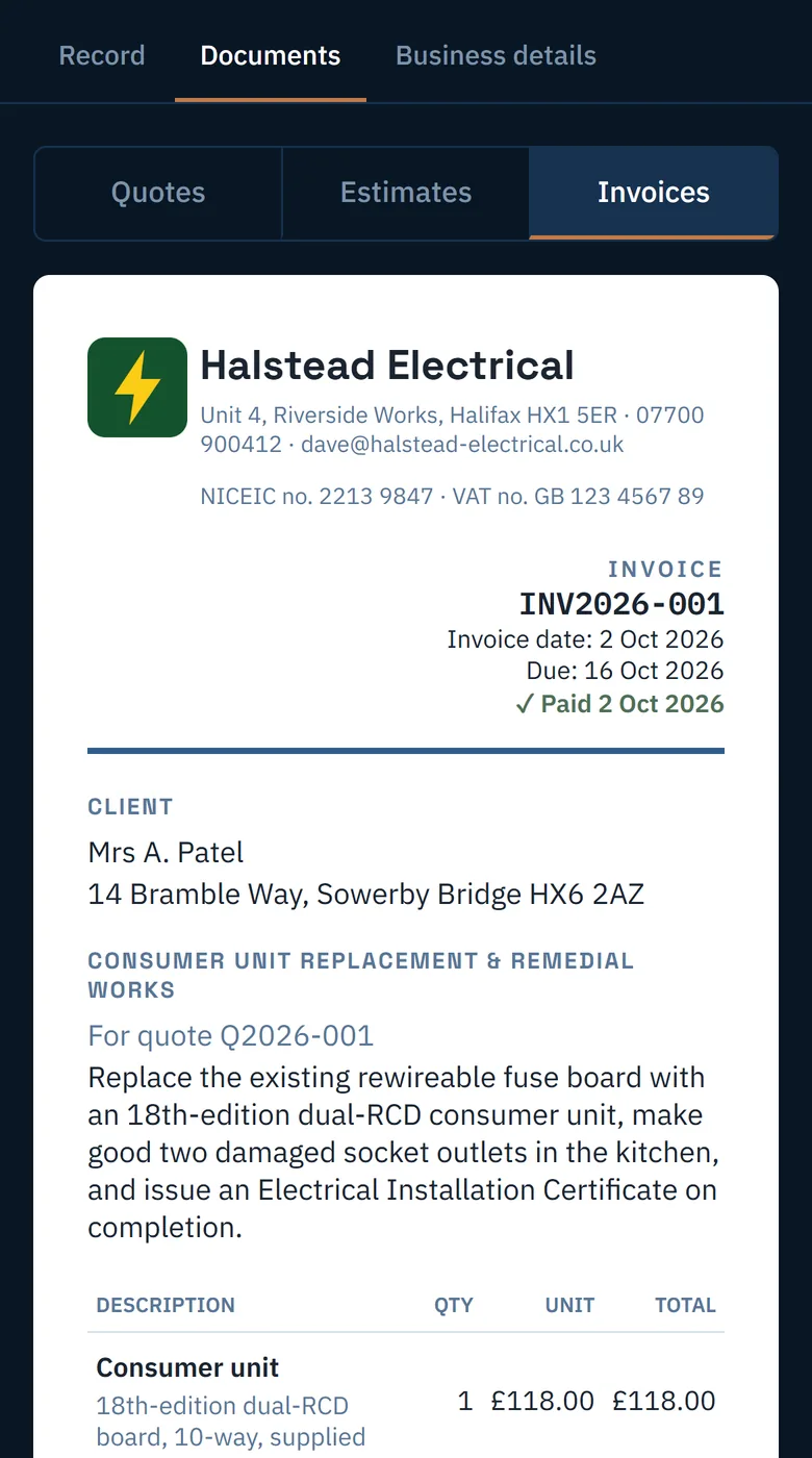 The invoice showing the date it was paid
