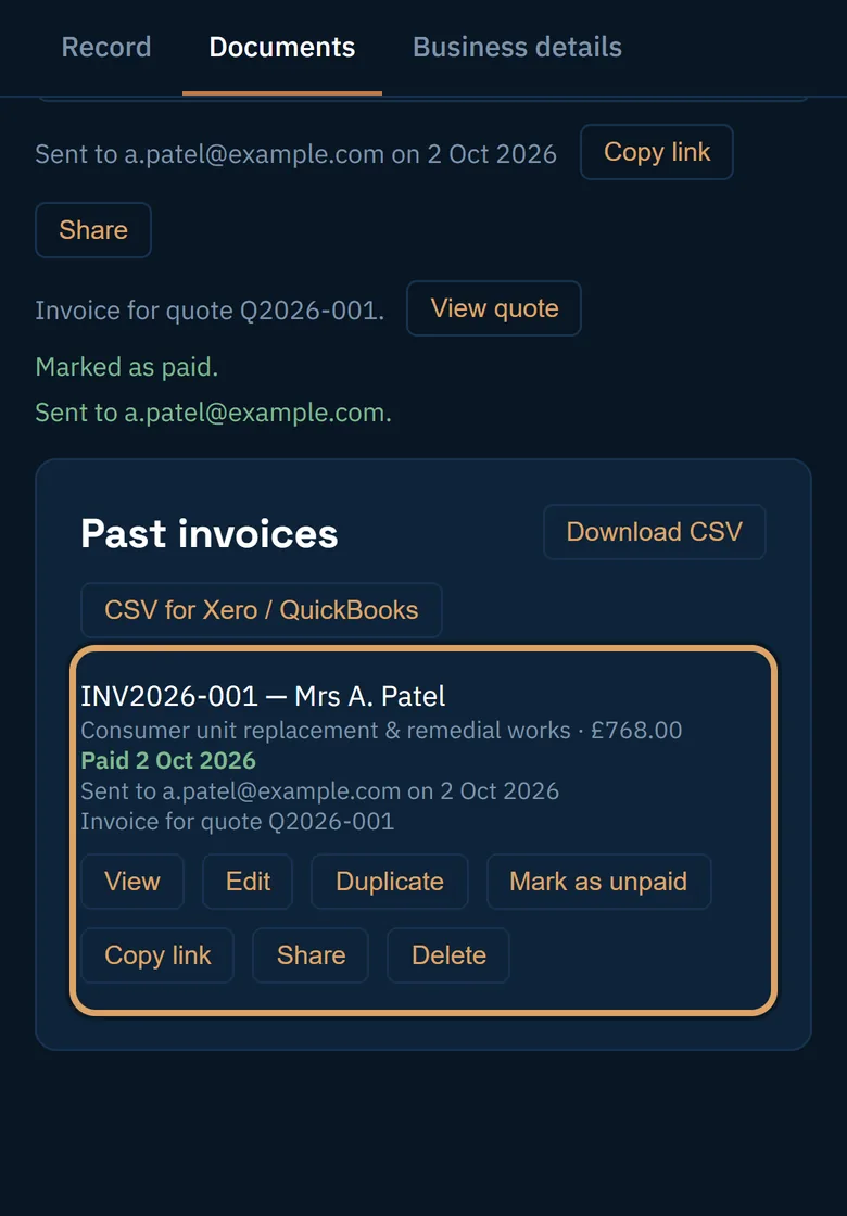Past invoices, with one marked as paid and the CSV download buttons