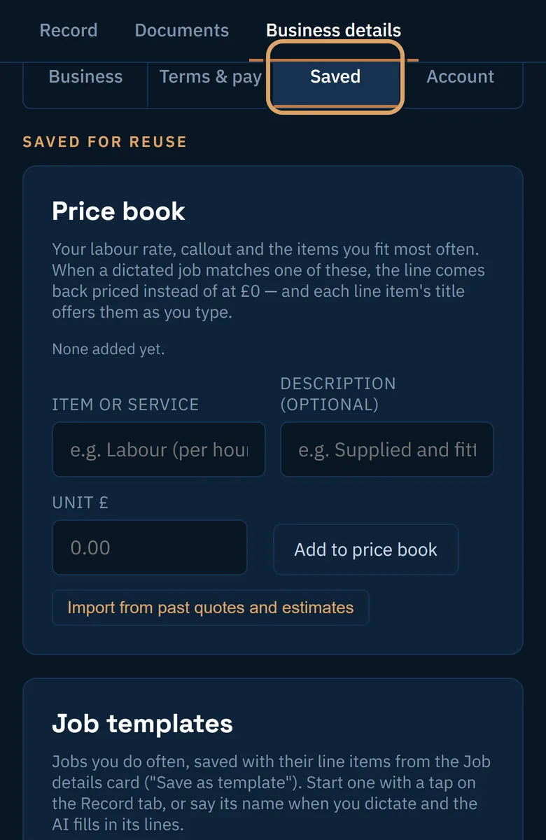 The Saved section of Business details, showing an empty price book
