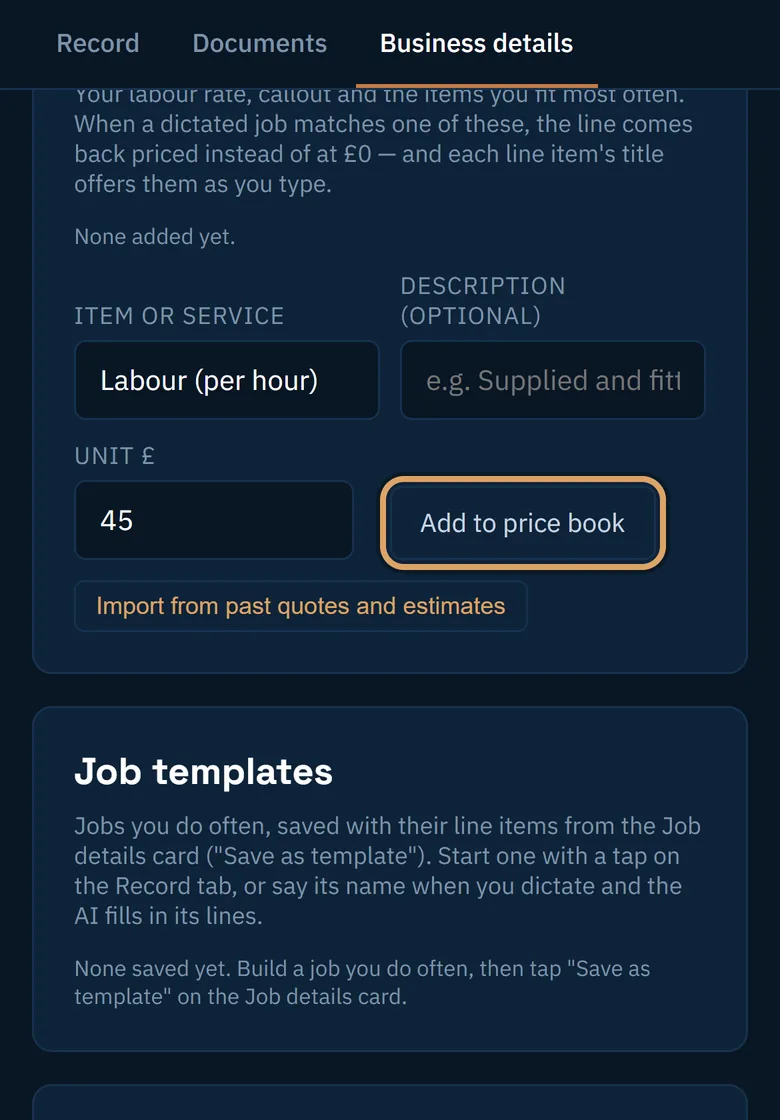 Labour per hour typed in at 45 pounds, beside the Add to price book button
