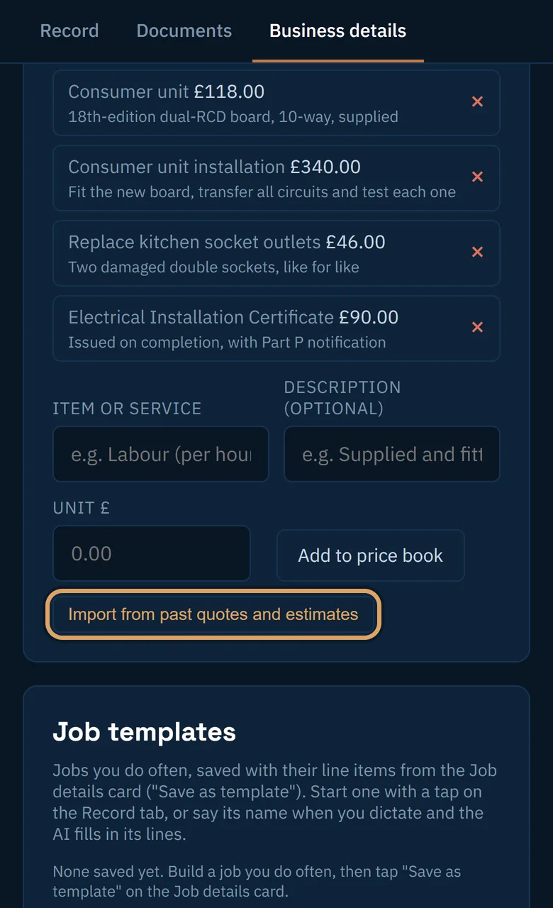 The Import from past quotes and estimates button, with a note that four items were added