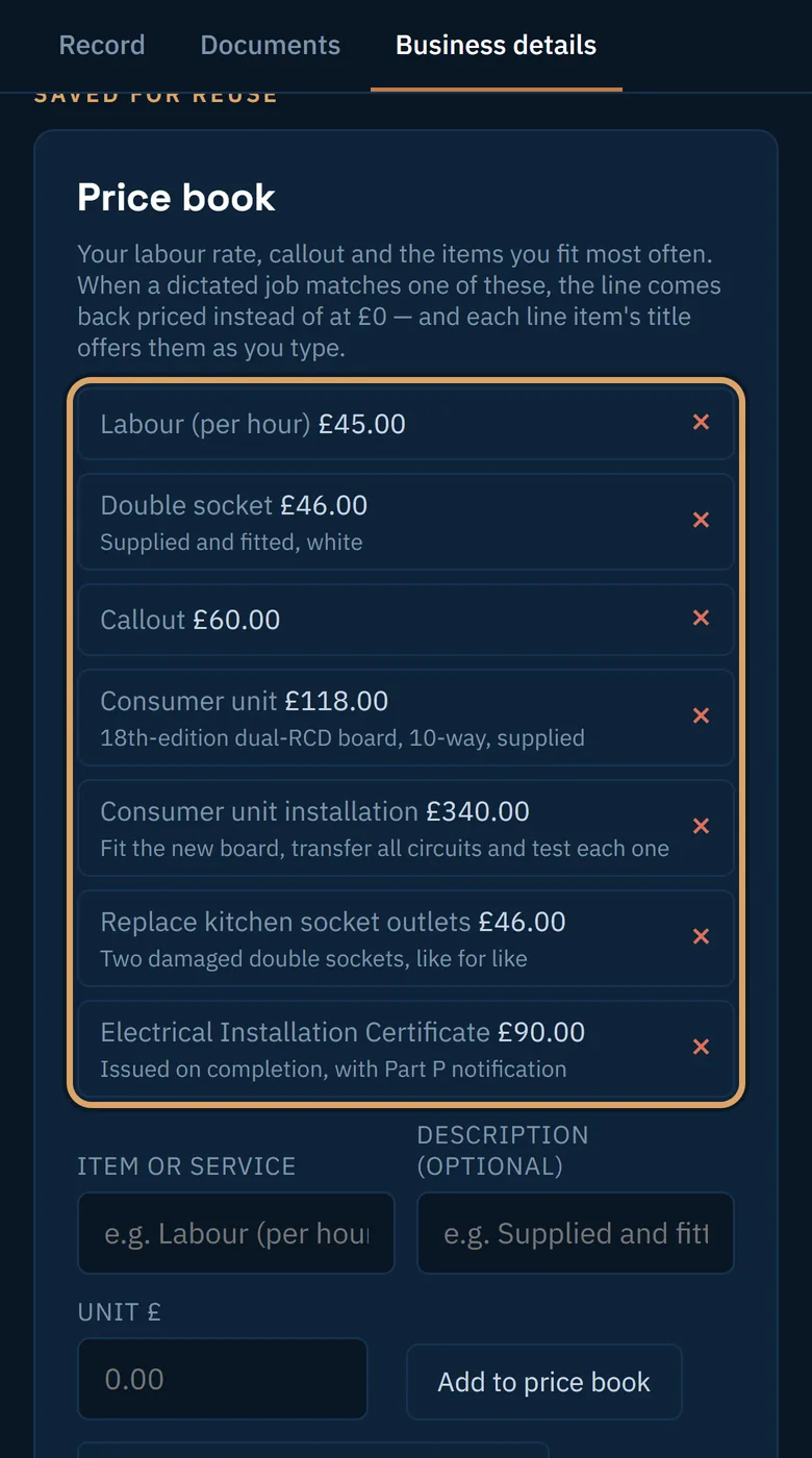 The price book listing seven items with their prices