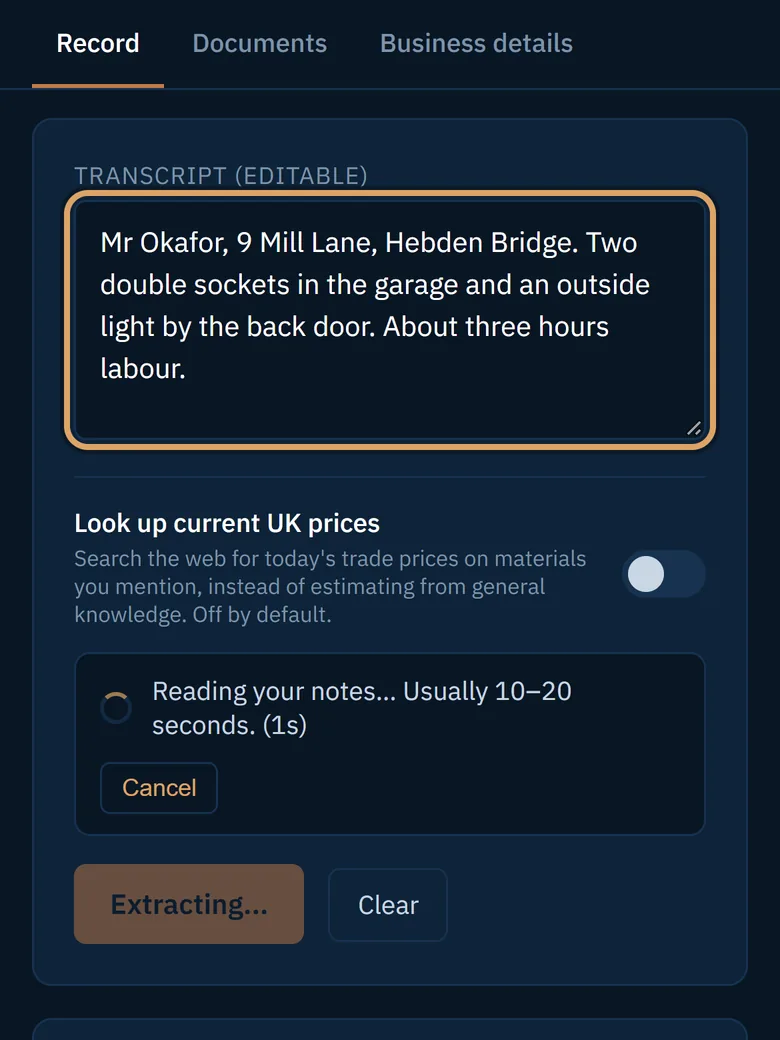 A job in the Transcript box that mentions no prices