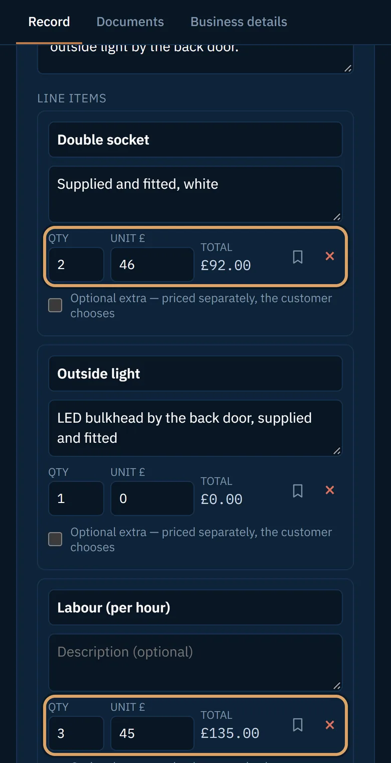 Three lines: the sockets and labour priced from the price book, the outside light at nought