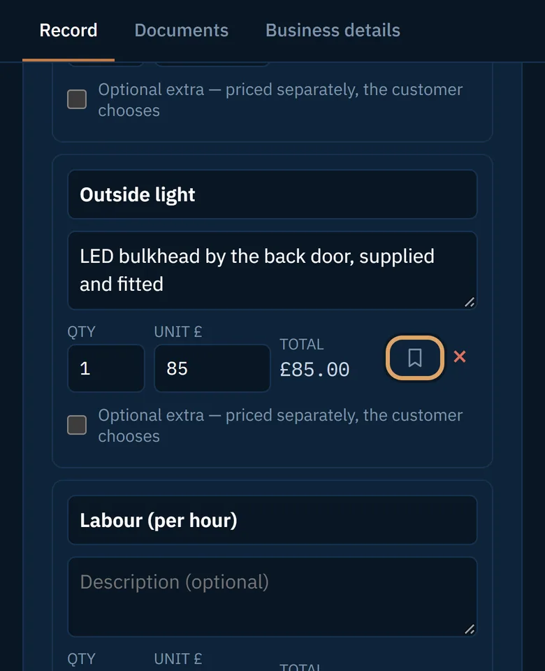 The bookmark button on a line item