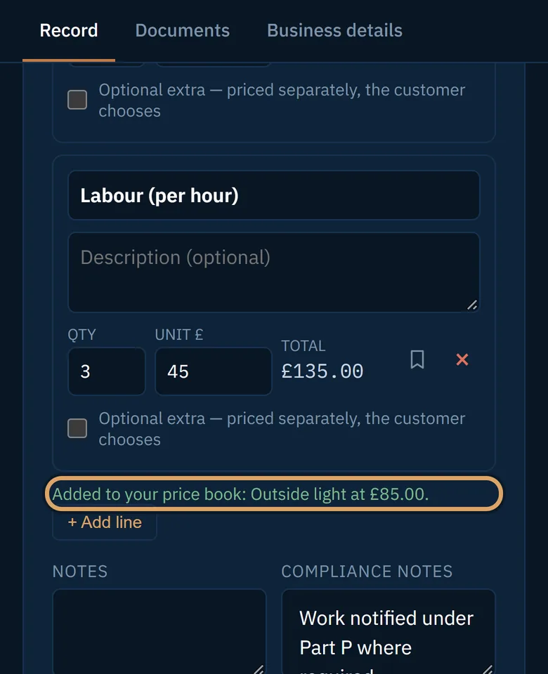 A note saying the outside light was added to the price book