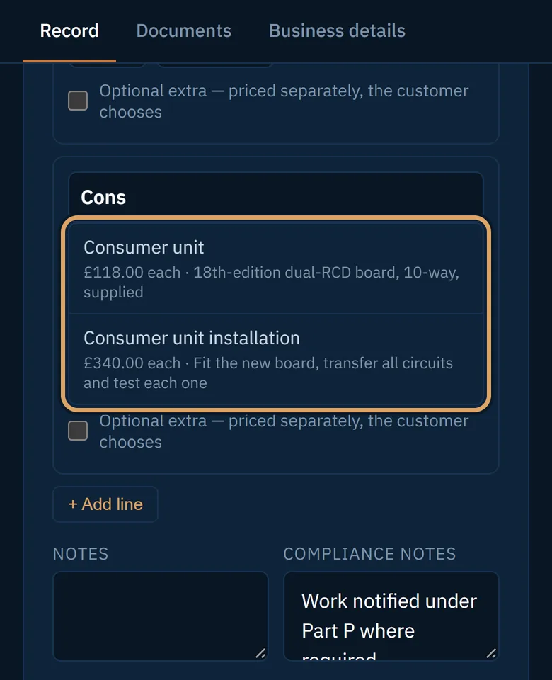 Two price book items offered under a line as it is typed