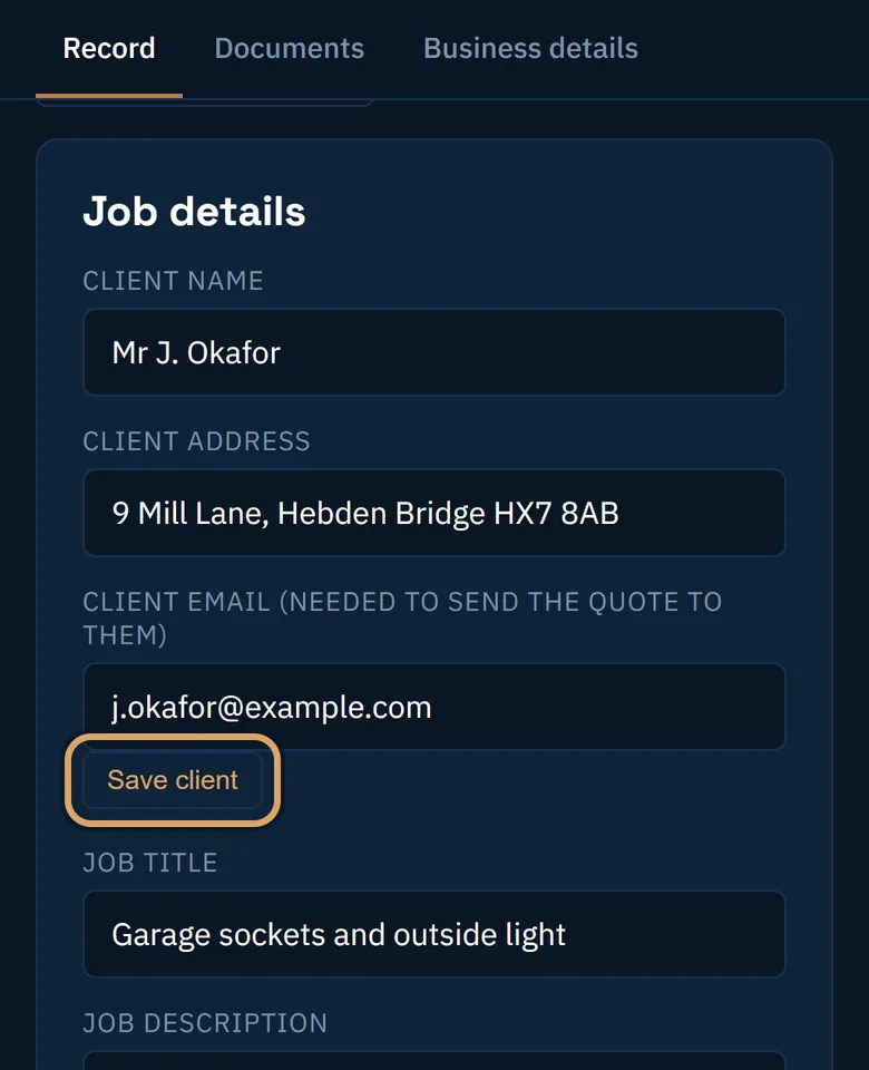 The Save client button under the client email