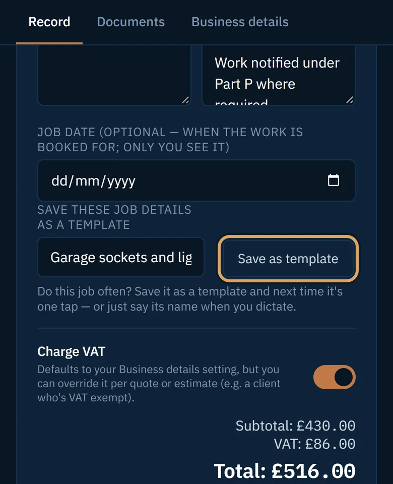 A template name typed in beside the Save as template button