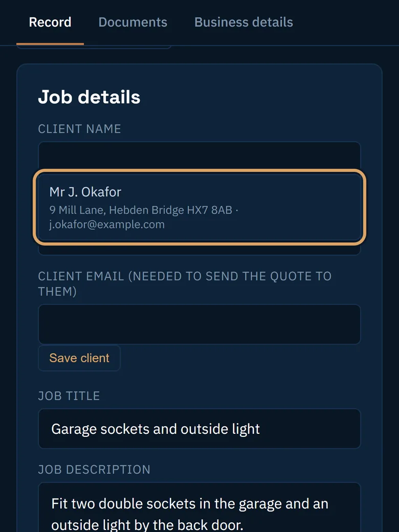 A saved client offered under the Client name box